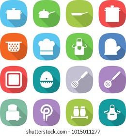 flat vector icon set - pan vector, saute, colander, cook hat, apron, glove, cutting board, egg timer, whisk, skimmer, toaster, elecric oven, salt pepper