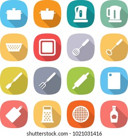 flat vector icon set - pan vector, kettle, colander, cutting board, whisk, spatula, big fork, rolling pin, grater, sieve, ketchup