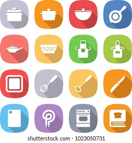 flat vector icon set - pan vector, cauldron, colander, apron, cutting board, whisk, knife, electric oven, cooking book