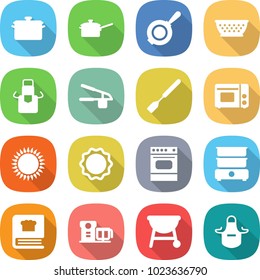 flat vector icon set - pan vector, saute, colander, apron, garlic clasp, spatula, grill oven, gas, induction, double boiler, cooking book, food processor, bbq