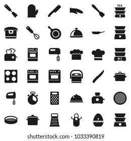Flat vector icon set - pan vector, cook hat, apron, glove, timer, whisk, spatula, knife, grater, oven, double boiler, sieve, dish, mixer, multi cooker, toaster