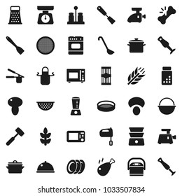 Flat vector icon set - pan vector, camping cauldron, colander, scales, apron, cook press, spatula, ladle, meat hammer, grater, mixer, microwave oven, double boiler, spices, blender, plates, sieve