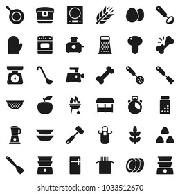 Flat vector icon set - pan vector, colander, scales, apron, cook glove, timer, skimmer, spatula, ladle, meat hammer, grater, double boiler, bbq, plates, cereal, egg, pasta, mushroom, diet, cereals