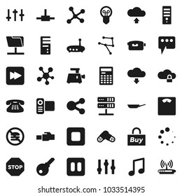 Flat vector icon set - pan vector, calculator, music, scales, no fastfood, settings, video camera, classic phone, social media, pause button, stop, forward, pills, connect, network, folder, server