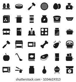 Flat vector icon set - pan vector, oil, colander, cook press, ladle, meat hammer, toaster, microwave oven, cookbook, spices, bbq, sieve, jar, cereal, egg, pasta, steak, chicken leg, diet, pills vial