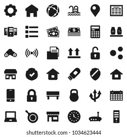 Flat vector icon set - pan vector, spices, calculator, notebook pc, schedule, calendar, pool, money, clock, document, top sign, protected, weight, mobile phone, pills, connection, server, gear, menu