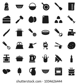 Flat vector icon set - pan vector, camping cauldron, kettle, colander, measuring cup, apron, cook press, whisk, skimmer, spatula, ladle, knife, rolling pin, meat hammer, cutting board, hand mill