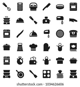 Flat vector icon set - pan vector, cook hat, apron, glove, timer, whisk, spatula, knife, grater, oven, double boiler, cookbook, sieve, dish, mixer, multi cooker, toaster