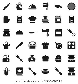 Flat vector icon set - pan vector, cook hat, apron, glove, timer, whisk, spatula, knife, grater, oven, double boiler, cookbook, sieve, dish, mixer, multi cooker, toaster