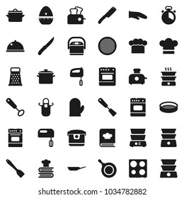 Flat vector icon set - pan vector, cook hat, apron, glove, timer, whisk, spatula, knife, grater, oven, double boiler, cookbook, sieve, dish, mixer, multi cooker, toaster