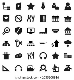 Flat vector icon set - pan vector, kettle, colander, measuring cup, cookbook, pasta, steak, pen, university, school building, corner ruler, student, medal, dollar growth, hierarchy, calendar, hook