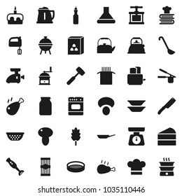 Flat vector icon set - pan vector, kettle, colander, scales, cook hat, press, ladle, knife, meat hammer, hand mill, mixer, toaster, cookbook, blender, bbq, plates, sieve, jar, cereal, pasta, cake