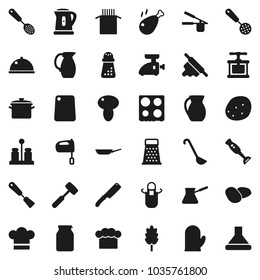 Flat vector icon set - pan vector, kettle, cook hat, apron, glove, press, skimmer, spatula, ladle, knife, rolling pin, meat hammer, cutting board, hand mill, grater, turk coffee, mixer, oven, spices