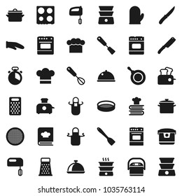 Flat vector icon set - pan vector, cook hat, apron, glove, timer, whisk, spatula, knife, grater, oven, double boiler, cookbook, sieve, dish, mixer, multi cooker, toaster