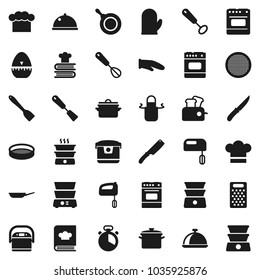 Flat vector icon set - pan vector, cook hat, apron, glove, timer, whisk, spatula, knife, grater, oven, double boiler, cookbook, sieve, dish, mixer, multi cooker, toaster