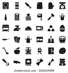 Flat vector icon set - pan vector, scales, apron, cook glove, timer, press, ladle, meat hammer, cutting board, grater, mixer, microwave oven, cookbook, spices, blender, bbq, dish, cereal, pasta, oil