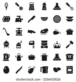Flat vector icon set - pan vector, kettle, colander, measuring cup, scales, apron, cook glove, press, whisk, skimmer, ladle, knife, meat hammer, hand mill, grater, mixer, double boiler, bbq, plates