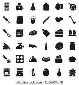 Flat vector icon set - pan vector, oil, apron, cook glove, towel, whisk, skimmer, ladle, knife, rolling pin, cutting board, toaster, oven, double boiler, spices, thermometer, sieve, dish, jar, egg
