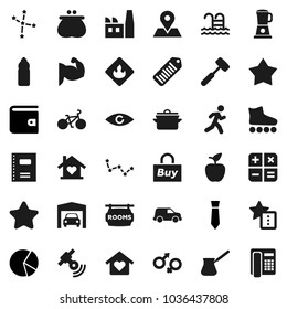 Flat vector icon set - pan vector, meat hammer, turk coffee, copybook, apple fruit, constellation, pie graph, wallet, tie, bike, muscule hand, roller Skates, water bottle, pool, run, map pin, car