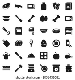 Flat vector icon set - pan vector, colander, scales, apron, cook glove, timer, spatula, ladle, meat hammer, cutting board, mixer, microwave oven, double boiler, plates, sieve, dish, jar, cereal, egg