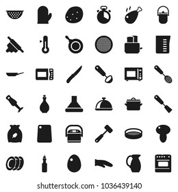 Flat vector icon set - pan vector, camping cauldron, oil, colander, measuring cup, cook glove, timer, skimmer, spatula, ladle, knife, rolling pin, meat hammer, cutting board, toaster, microwave oven