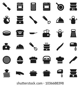 Flat vector icon set - pan vector, cook hat, apron, glove, timer, whisk, spatula, knife, grater, oven, double boiler, cookbook, sieve, dish, mixer, multi cooker, toaster