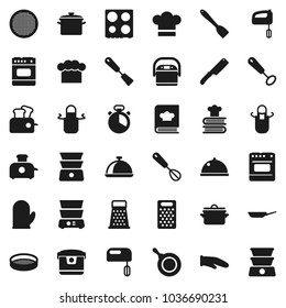 Flat vector icon set - pan vector, cook hat, apron, glove, timer, whisk, spatula, knife, grater, oven, double boiler, cookbook, sieve, dish, mixer, multi cooker, toaster