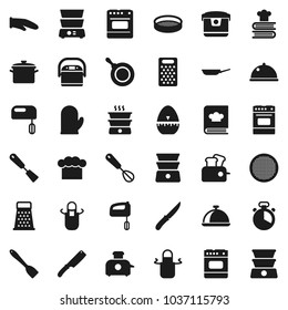 Flat vector icon set - pan vector, cook hat, apron, glove, timer, whisk, spatula, knife, grater, oven, double boiler, cookbook, sieve, dish, mixer, multi cooker, toaster
