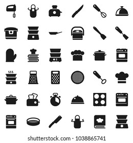 Flat vector icon set - pan vector, cook hat, apron, glove, timer, whisk, spatula, knife, grater, oven, double boiler, cookbook, sieve, dish, mixer, multi cooker, toaster