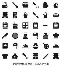 Flat vector icon set - pan vector, cook hat, apron, glove, timer, whisk, spatula, knife, grater, oven, double boiler, cookbook, sieve, dish, mixer, multi cooker, toaster