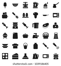 Flat vector icon set - pan vector, camping cauldron, kettle, colander, measuring cup, cook hat, press, whisk, skimmer, cutting board, hand mill, grater, turk coffee, toaster, microwave oven, spices
