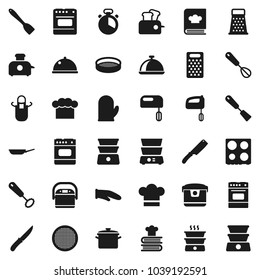 Flat vector icon set - pan vector, cook hat, apron, glove, timer, whisk, spatula, knife, grater, oven, double boiler, cookbook, sieve, dish, mixer, multi cooker, toaster