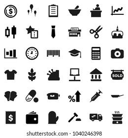 Flat vector icon set - pan vector, cook glove, cake, graduate hat, student, scissors, university, dollar coin, graph, japanese candle, wallet, percent growth, auction, calculator, clock, tie, boxing