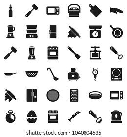 Flat vector icon set - pan vector, colander, scales, cook glove, timer, press, whisk, spatula, ladle, rolling pin, meat hammer, cutting board, grater, toaster, oven, double boiler, sieve, oil