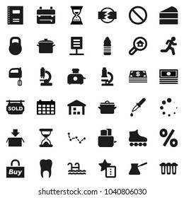 Flat vector icon set - pan vector, turk coffee, mixer, toaster, cake, copybook, backpack, microscope, constellation, cash, sand clock, calendar, roller Skates, water bottle, prohibition sign, run
