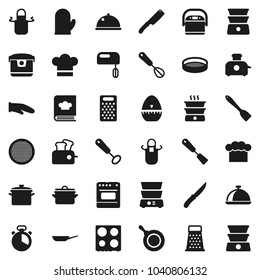 Flat vector icon set - pan vector, cook hat, apron, glove, timer, whisk, spatula, knife, grater, oven, double boiler, cookbook, sieve, dish, mixer, multi cooker, toaster