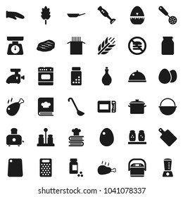 Flat vector icon set - pan vector, camping cauldron, oil, scales, cook glove, timer, skimmer, ladle, cutting board, grater, toaster, cookbook, spices, blender, dish, jar, cereal, egg, pasta, steak
