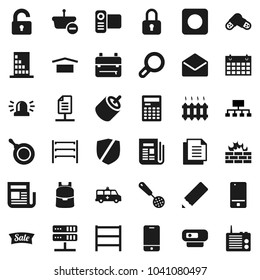 Flat vector icon set - pan vector, skimmer, pencil, backpack, calculator, hierarchy, calendar, document, dry cargo, protected, shelving, newspaper, video camera, mobile phone, mail, rec button, rca