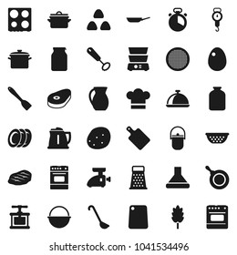 Flat vector icon set - pan vector, camping cauldron, kettle, colander, scales, cook hat, timer, press, whisk, spatula, ladle, cutting board, grater, oven, double boiler, plates, jug, sieve, dish