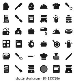 Flat vector icon set - pan vector, cook hat, apron, glove, timer, whisk, spatula, knife, grater, oven, double boiler, cookbook, sieve, dish, mixer, multi cooker, toaster
