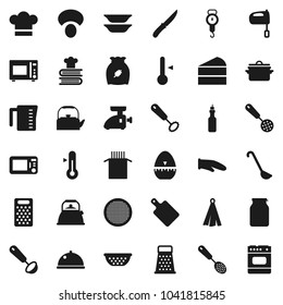 Flat vector icon set - pan vector, kettle, colander, measuring cup, scales, cook hat, glove, towel, timer, whisk, skimmer, ladle, knife, cutting board, grater, mixer, microwave oven, cookbook, sieve