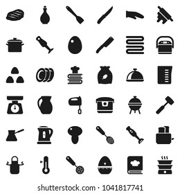 Flat vector icon set - pan vector, kettle, oil, measuring cup, scales, apron, cook glove, towel, timer, skimmer, spatula, knife, rolling pin, meat hammer, turk coffee, mixer, toaster, cookbook, bbq