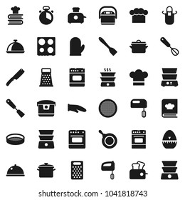Flat vector icon set - pan vector, cook hat, apron, glove, timer, whisk, spatula, knife, grater, oven, double boiler, cookbook, sieve, dish, mixer, multi cooker, toaster