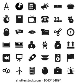 Flat vector icon set - pan vector, cook timer, grater, toaster, bbq, plates, cereal, egg, copybook, drawing compass, case, scissors, presentation, flag, pie graph, cash, weight, heart monitor, phone
