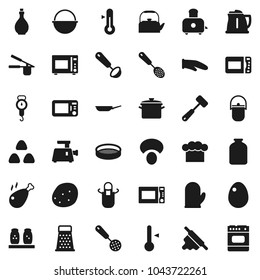Flat vector icon set - pan vector, camping cauldron, kettle, oil, scales, cook hat, apron, glove, press, skimmer, ladle, rolling pin, meat hammer, grater, toaster, microwave oven, spices, sieve, jar