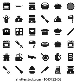 Flat vector icon set - pan vector, cook hat, apron, glove, timer, whisk, spatula, knife, grater, oven, double boiler, cookbook, sieve, dish, mixer, multi cooker, toaster