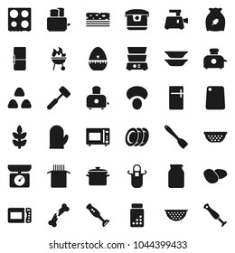 Flat vector icon set - pan vector, colander, apron, cook glove, timer, spatula, meat hammer, cutting board, toaster, microwave oven, double boiler, blender, bbq, plates, jar, cereal, pasta, mushroom