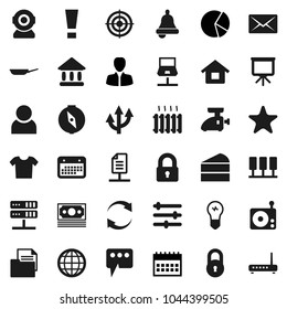 Flat vector icon set - pan vector, cake, bell, compass, presentation, university, pie graph, manager, calendar, target, money, document, radio, favorites, server, notebook network, equalizer, mail