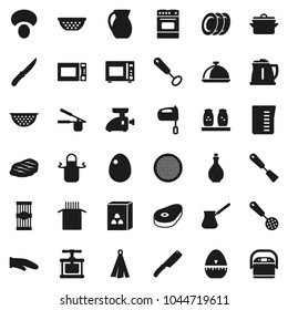 Flat vector icon set - pan vector, kettle, oil, colander, measuring cup, apron, cook glove, towel, timer, press, whisk, skimmer, spatula, knife, turk coffee, mixer, microwave oven, spices, plates