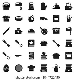 Flat vector icon set - pan vector, cook hat, apron, glove, timer, whisk, spatula, knife, grater, double boiler, cookbook, sieve, dish, mixer, multi cooker, toaster, oven